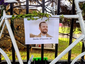 Devlin O'Connor's Ghost Bike, installed Sunday morning. Photo: 
Stephen Braitsch