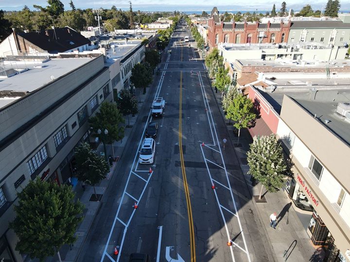 An aerial shot of Park Street's new configuration. Those are officially dining lanes.