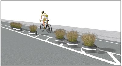 The WeClaim lane delineator. Image description: A man bikes in a protected bike lane, shielded from car traffic by a series of recycled car tires that have been sculpted into planners for tall grasses and outfitted with reflective tape. Source: Spin