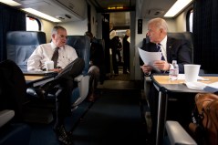 Vice President Joe Biden and then Secretary of Transportation Ray LaHood riding Amtrak in 2011 while traveling from Washington, DC to Philadelphia, PA in 2011. (Official White House Photo by David Lienemann)