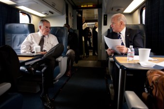 Vice President Joe Biden and then Secretary of Transportation Ray LaHood riding Amtrak in 2011 while traveling from Washington, DC to Philadelphia, PA in 2011. (Official White House Photo by David Lienemann)