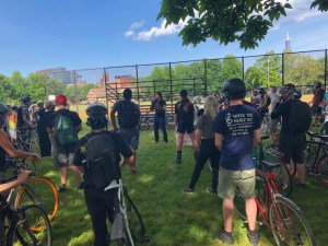 Toriano Sanzone speaks to the crowd before the ride. Photo: Cameron Bolton