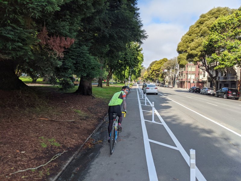 Fell Street's new protected bike lane along the Panhandle is open for business. Photo: Terra Curtis