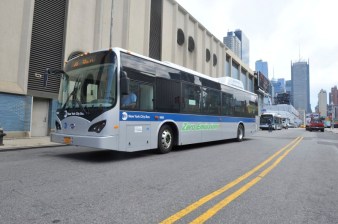 A prototype BYD K9 all-electric bus rolled out of the Michael J. Quill Depot today and performed a test run on the M42 line on Friday, September 13, 2013.rrPhoto: Marc A. Hermann / MTA New York City Transitr