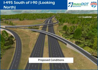 An unrealistically traffic-free rendering of MassDOT's proposed new interchange at I-495 and I-90, a federally-funded project that's expected to cost about $300 million.