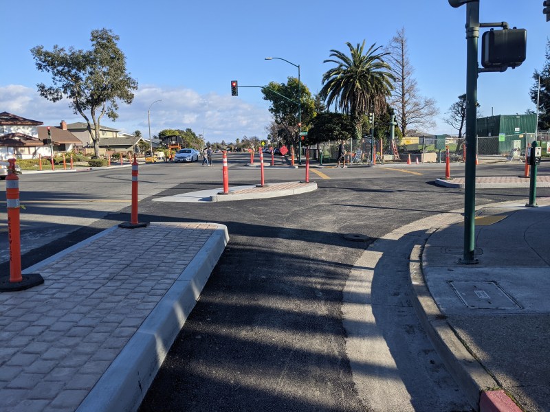 Construction taking shape of Alameda's first protected intersection. Photo: Streetsblog/Rudick