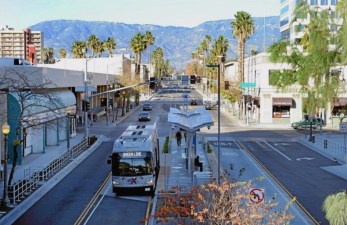 Beautiful Boulevard proposes center-running BRT through Eagle Rock, similar to the pictured San Bernardino's sbX - photo via Eagle Rock Forward