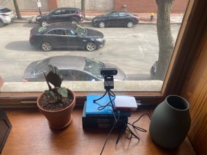 Adam Balsam's homemade speed camera consists of a webcam, a $35 hobbyist computer, and some free open-source software that can analyze speeds from the images of moving cars. Photo courtesy of Adam Balsam.