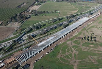California High-Speed Rail construction underway on the San Joaquin River Viaduct in North Fresno, March 2018. Photo by CAHSRA