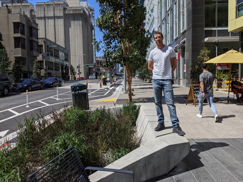 Greg Riessen proudly standing on one of the bioswell builbouts he helped plan on Folsom. Photos: Streetsblog/Rudick