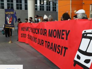Riders and drivers rally outside of MTC urging for a quick distribution of federal funds. Photo: Joty Dhaliwal