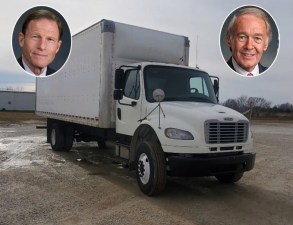 A major safety bill moving through the senate right now would mandate the installation of automatic emergency braking system on big rigs, but not on smaller box trucks like these — much less light trucks and cars. And Sens. Richard Blumenthal (left) and Ed Markey are upset. Image: Penske via CC