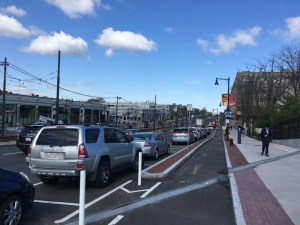 The new protected bike lane on Commonwealth Avenue, pictured on May 8, 2019.