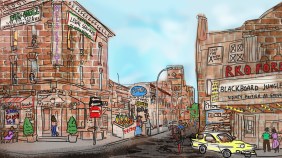 An illustration of the Bronx in the 1950s before an expressway  tore it in half. Illustrations by the writer.