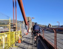 The Golden Gate Bridge west sidewalk, narrowed by stored equipment. Photo: MCBC