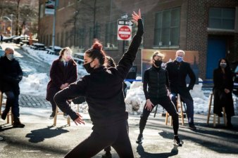 Dancers perform in front of Mayor de Blasio in a video promoting the city's Open Culture program. Photo: Mayor's Office