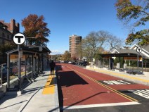The new Columbus Ave. bus lanes and upgraded bus platforms at Walnut Avenue, near Franklin Park.