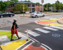 Paint-and-post sidewalk extension in Chicago's Austin neighborhood. Photo: CDOT