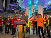 High-Speed Rail CEO Brian Kelly, flanked by Speaker Nancy Pelosi, 
Congresswoman Jackie Speier, and other politicos and transportation execs, Saturday morning at Transbay. Photo: CaHSRA