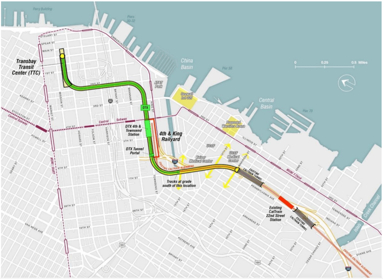 The Tunnel Under I-280 alignment, from the Rail Alignment and Benefits study’s Technical Report. The DTX is in green, and the new trench in yellow.