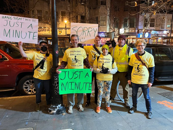 The people protected bike lane folks are piloting a new kind of protest for Valencia. All photos from the "Just a Minute" protest group/Adam Egleman