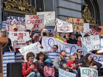 Advocates on the steps of S.F. City Hall demanding that J.F.K. promenade remain open to people (and closed to cut-through traffic). Photos Streetsblog/Rudick