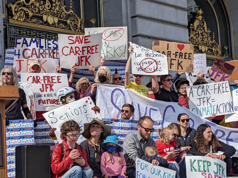 Advocates on the steps of S.F. City Hall demanding that J.F.K. promenade remain open to people (and closed to cut-through traffic). Photos Streetsblog/Rudick