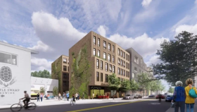 A rendering of the proposed building at 3371 Washington Street, which was approved by Boston planners in 2021 and would provide 38 homes for low-income seniors and a new a space for El Embajador Restaurant near the Green Street Orange Line station. The owners of Turtle Swamp Brewing, located next door, are suing to block the project because it does not include any space for off-street parking.