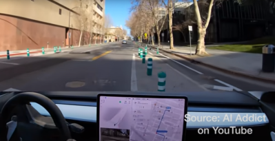 A Tesla on autopilot mows down plastic posts. Image from AIAddict