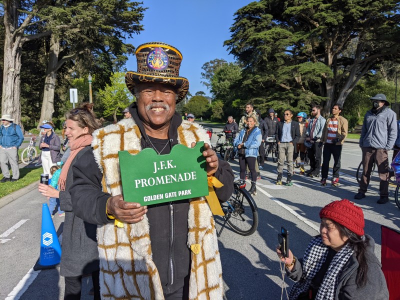 David Miles, the Godfather of Skating, celebrating the JFK Promenade forever. Photo: Streetsblog/Rudick