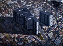 A flyer by a group opposed to dense housing at BART stations featured this photo illustration, with huge buildings towering over the flattened houses surrounding the station, and immense shadows... at sunrise?