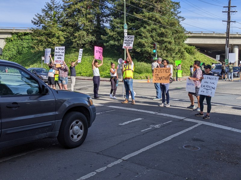 Some 30 advocates momentarily blocked traffic on Shattuck Wed. evening to demand safer streets in Oakland. Photos Streetsblog/Rudick unless indicated.