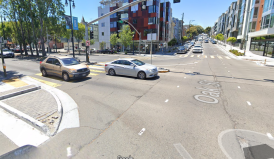 Octavia and Oak, where a unicyclist died Wed. morning. Note the gentle sweeping curb to facilitate speed (which multiple motorists still managed to crash into) Image: Google Maps
