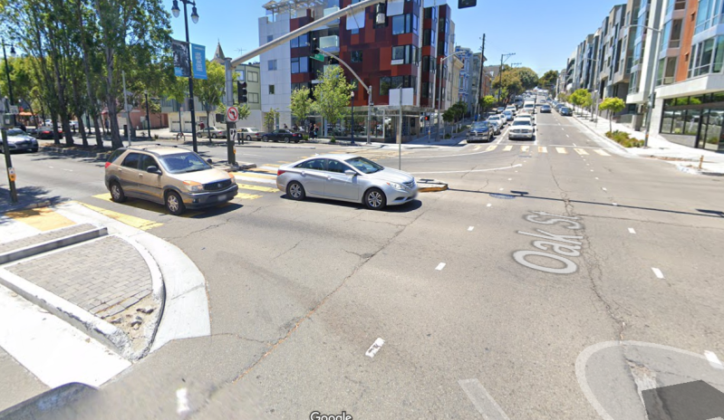 Octavia and Oak, where a unicyclist died Wed. morning. Note the gentle sweeping curb to facilitate speed (which multiple motorists still managed to crash into) Image: Google Maps