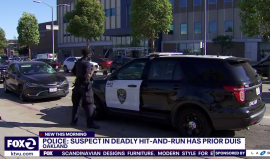 The motorist's car (left) with the windshield smashed from killing a man crossing Piedmont at  West MacArthur Boulevard on Thursday. Still from a KTVU report