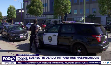 The motorist's car (left) with the windshield smashed from killing a man crossing Piedmont at  West MacArthur Boulevard on Thursday. Still from a KTVU report