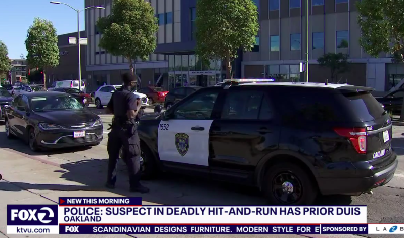 The motorist's car (left) with the windshield smashed from killing a man crossing Piedmont at West MacArthur Boulevard on Thursday. Still from a KTVU report