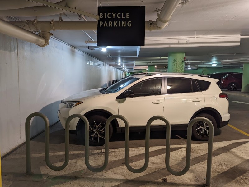 One of several bike parking locations in the Music Concourse Garage in Golden Gate Park. Photos submitted by advocates