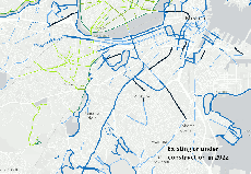 A map of Boston's current bike network and new infrastructure announced by the Wu administration on Tuesday. Bold orange lines indicate new protected bike lanes and yellow lines indicate new contraflow bike lanes on one-way streets. Dark blue lines indicate protected bike lane projects already in progress, like Tremont Street in the South End and south Mass. Ave.