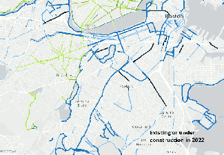 A map of Boston's current bike network and new infrastructure announced by the Wu administration on Tuesday. Bold orange lines indicate new protected bike lanes and yellow lines indicate new contraflow bike lanes on one-way streets. Dark blue lines indicate protected bike lane projects already in progress, like Tremont Street in the South End and south Mass. Ave.