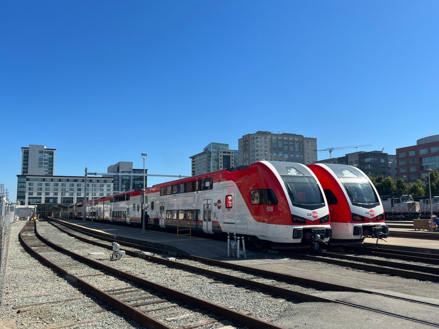 Caltrain's two new electric train sets, on display last weekend in San Francisco. Photo: SAMCEDA