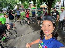 Boston Mayor Michelle Wu posted a selfie of herself and several other members of a bike convoy that rode to downtown Boston from Roslindale Square on August 24. Courtesy of Mayor Michelle Wu.