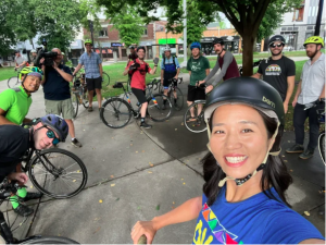 Boston Mayor Michelle Wu posted a selfie of herself and several other members of a bike convoy that rode to downtown Boston from Roslindale Square on August 24. Courtesy of Mayor Michelle Wu.