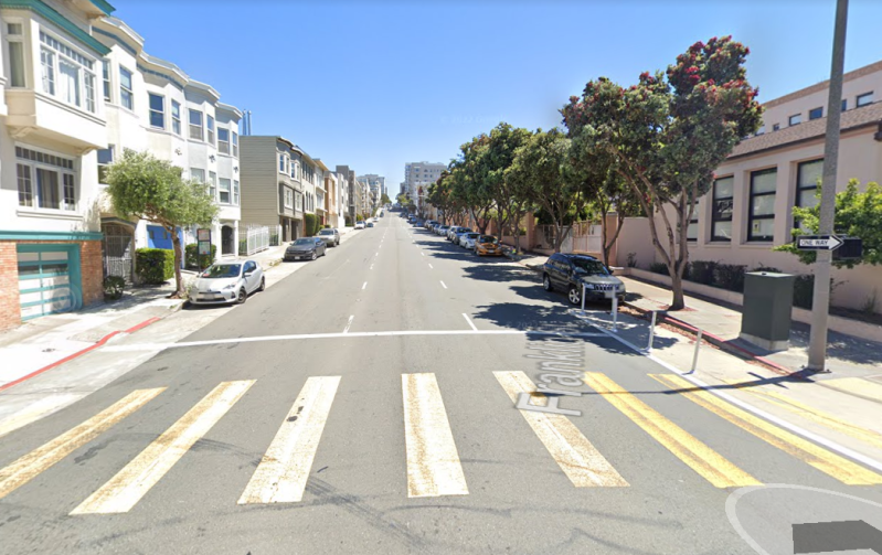 Franklin Street by Sherman Elementary, where a man was killed last year. SFMTA has pulled back from a planned road diet. Image: Google maps